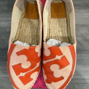 Tory Burch Orange Canvas Espadrille Slip-Ons with Leather Logo